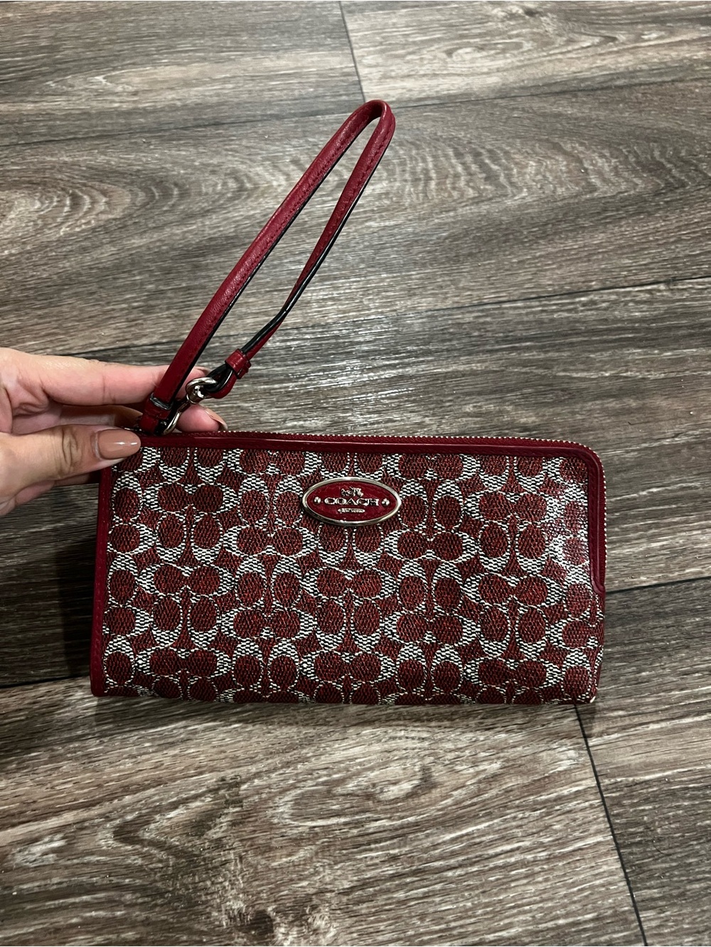 Coach Red Signature Wristlet Wallet with Silver Logo